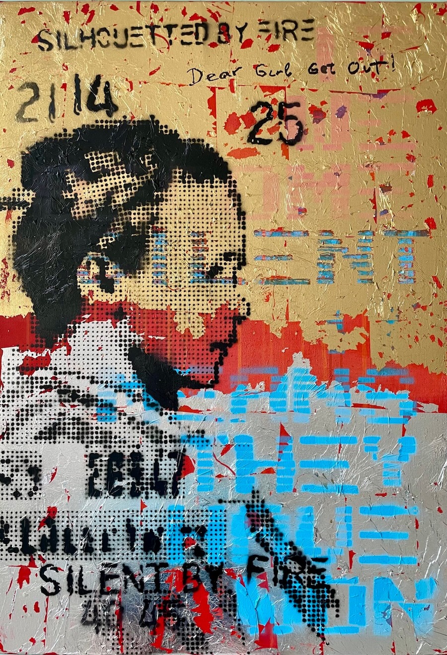 Silhouetted by Fire mixed-media painting 2025 by Borna Libertines with halftone portrait