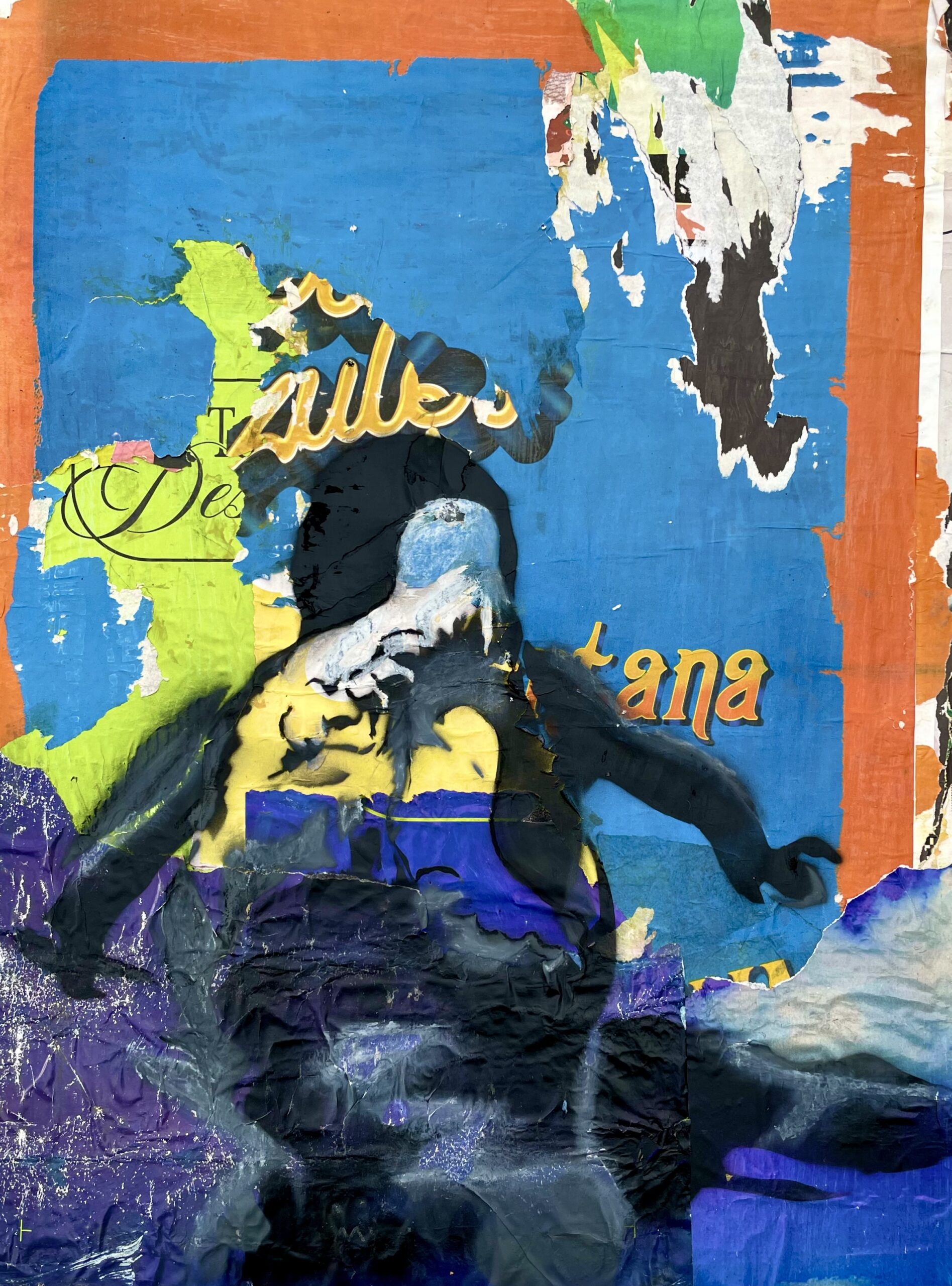 Surfing Life by Borna Libertines: surfing girl on surfboard with layered collage, spray paint and oil on cardboard